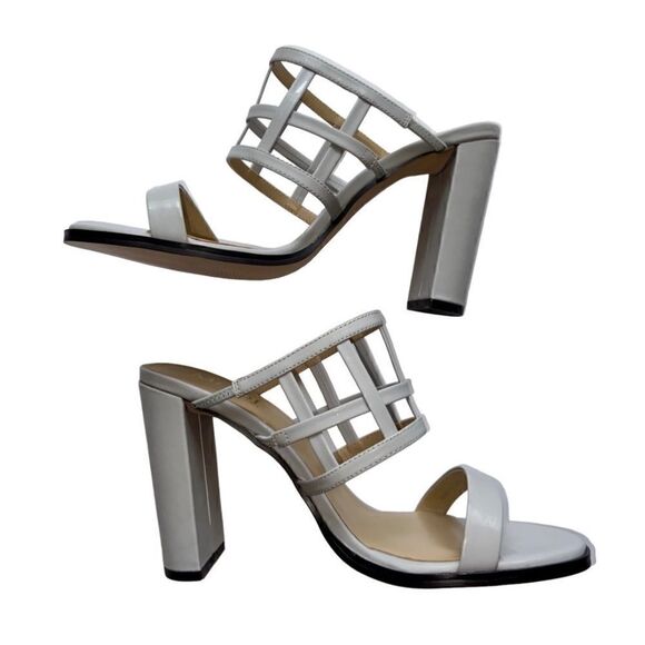 Mode Collective Lily White Grey Nappa Leather Caged Block Heeled Slip On Sandals - Picture 2 of 14